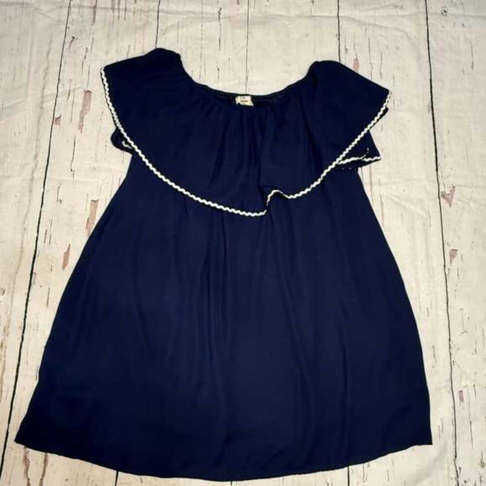 Entro Navy Blue Off the Shoulder Ruffle Mini Dress with White Rickrack Trim